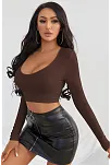 Kadın Kahverengi Uzun Kol Kare Yaka Crop Top Bluz – Şık, Rahat Ve Kolay Kombinlenebilir