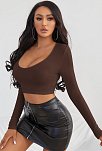 Kadın Kahverengi Uzun Kol Kare Yaka Crop Top Bluz – Şık, Rahat Ve Kolay Kombinlenebilir