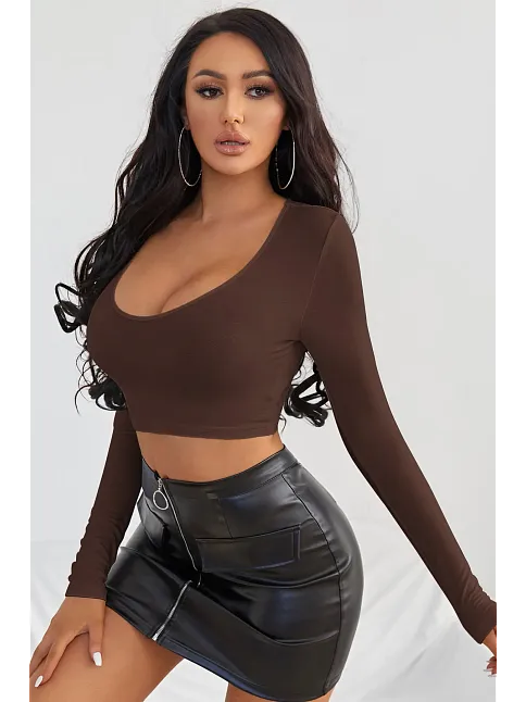 Kadın Kahverengi Uzun Kol Kare Yaka Crop Top Bluz – Şık, Rahat Ve Kolay Kombinlenebilir