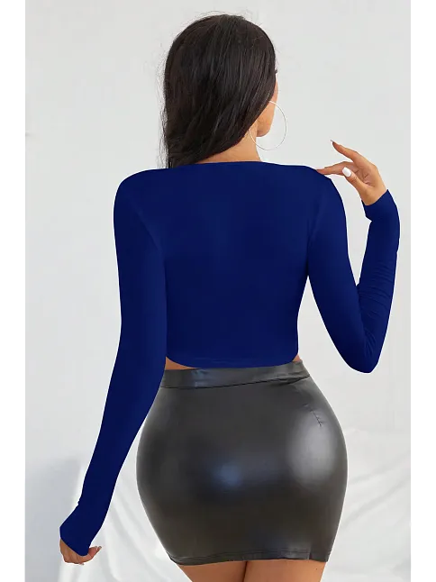 Kadın Mavi Uzun Kol Kare Yaka Crop Top Bluz – Şık, Rahat Ve Kolay Kombinlenebilir