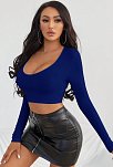 Kadın Mavi Uzun Kol Kare Yaka Crop Top Bluz – Şık, Rahat Ve Kolay Kombinlenebilir