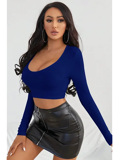 Kadın Mavi Uzun Kol Kare Yaka Crop Top Bluz – Şık, Rahat Ve Kolay Kombinlenebilir