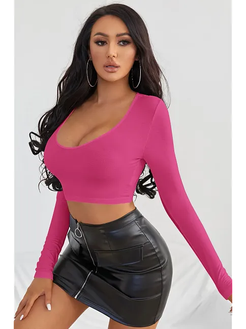 Kadın Fuşya Uzun Kol Kare Yaka Crop Top Bluz – Şık, Rahat Ve Kolay Kombinlenebilir