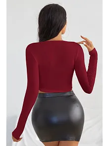 Kadın Bordo Uzun Kol Kare Yaka Crop Top Bluz