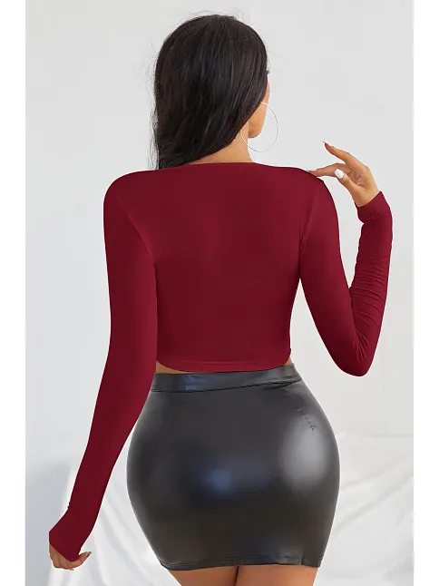 Kadın Bordo Uzun Kol Kare Yaka Crop Top Bluz