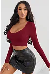 Kadın Bordo Uzun Kol Kare Yaka Crop Top Bluz