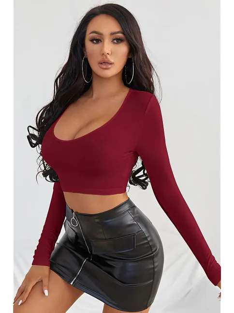 Kadın Bordo Uzun Kol Kare Yaka Crop Top Bluz