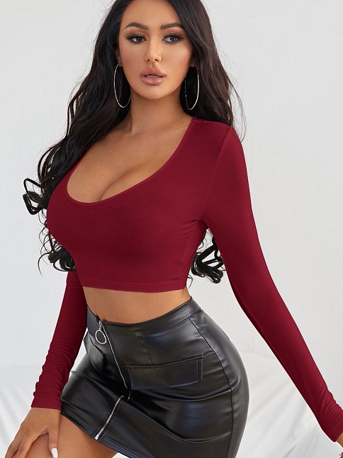 Kadın Bordo Uzun Kol Kare Yaka Crop Top Bluz