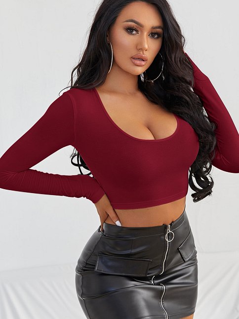 Kadın Bordo Uzun Kol Kare Yaka Crop Top Bluz