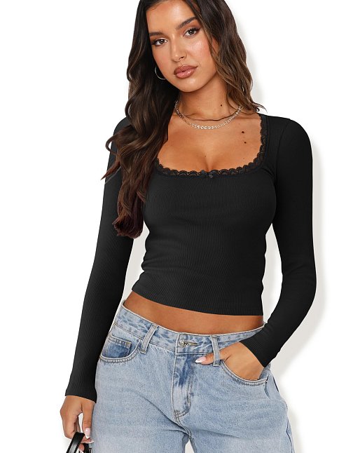 Kadın Siyah Kare Yaka Dantelli Uzun Kollu Crop Top Bluz – Şık, Rahat Ve Kolay Kombinlenebilir