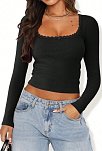 Kadın Siyah Kare Yaka Dantelli Uzun Kollu Crop Top Bluz – Şık, Rahat Ve Kolay Kombinlenebilir