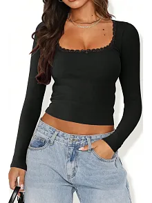 Kadın Siyah Kare Yaka Dantelli Uzun Kollu Crop Top Bluz – Şık, Rahat Ve Kolay Kombinlenebilir