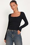 Kadın Siyah Kare Yaka Dantelli Uzun Kollu Crop Top Bluz – Şık, Rahat Ve Kolay Kombinlenebilir