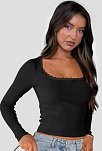 Kadın Siyah Kare Yaka Dantelli Uzun Kollu Crop Top Bluz – Şık, Rahat Ve Kolay Kombinlenebilir