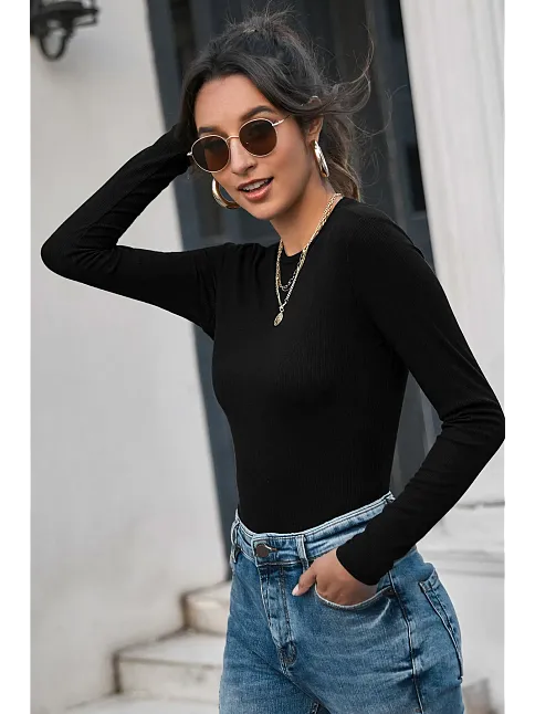 Kadın Siyah Uzun Kollu Fit Basic Crop Top Bluz