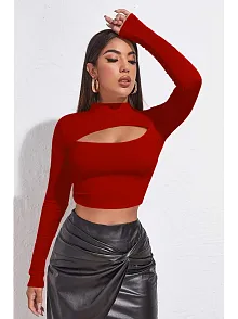 Kadın Kırmızı Göğüs Dekolteli Uzun Kollu Cut Out Crop Top Bluz – Şık, Rahat Ve Kolay Kombinlenebilir