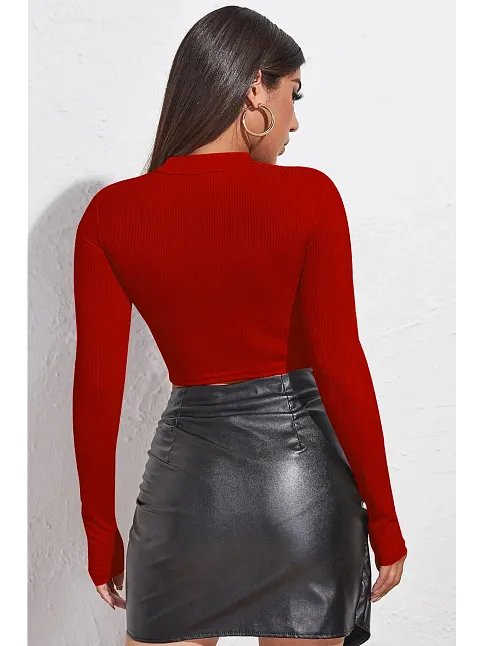 Kadın Kırmızı Göğüs Dekolteli Uzun Kollu Cut Out Crop Top Bluz – Şık, Rahat Ve Kolay Kombinlenebilir