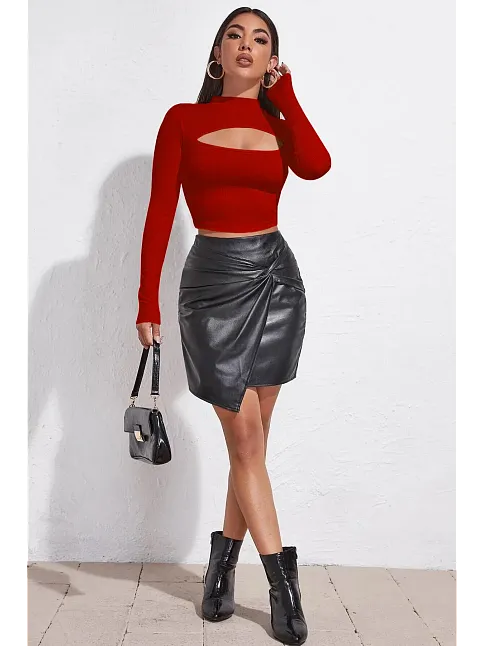 Kadın Kırmızı Göğüs Dekolteli Uzun Kollu Cut Out Crop Top Bluz – Şık, Rahat Ve Kolay Kombinlenebilir