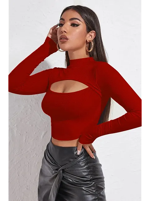 Kadın Kırmızı Göğüs Dekolteli Uzun Kollu Cut Out Crop Top Bluz – Şık, Rahat Ve Kolay Kombinlenebilir