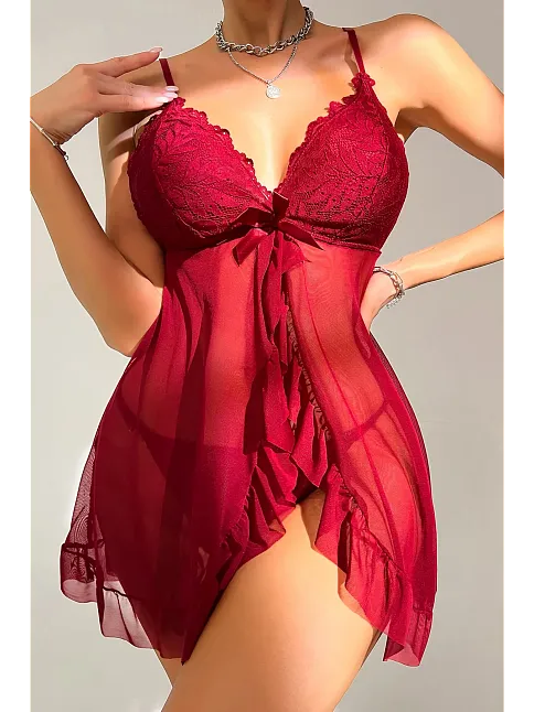 Kadın Bordo Dantelli, Fırfırlı Tül Ve Fiyonk Detaylı Tangalı Gecelik Takımı