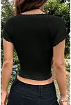 Kadın Siyah Göğsü Ve Kolları Dantelli Fiyonklu Kısa Kol Crop Top Bluz – Şık, Rahat Ve Kolay Kombinlenebilir