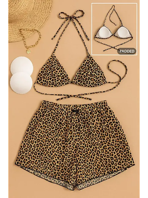 Kadın 3'lü Set Leopar Desenli Şortlu Ve Yandan Bağlamalı Bikini Mayo Takımı – Modern, Konforlu Ve Günlük Kombinlere Uygun
