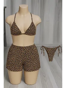 Kadın 3'lü Set Leopar Desenli Şortlu Ve Yandan Bağlamalı Bikini Mayo Takımı – Modern, Konforlu Ve Günlük Kombinlere Uygun