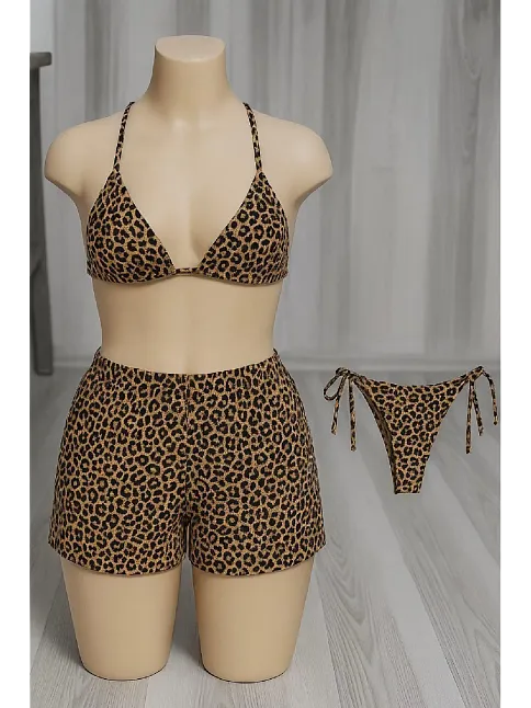 Kadın 3'lü Set Leopar Desenli Şortlu Ve Yandan Bağlamalı Bikini Mayo Takımı – Modern, Konforlu Ve Günlük Kombinlere Uygun
