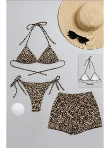 Kadın 3'lü Set Leopar Desenli Şortlu Ve Yandan Bağlamalı Bikini Mayo Takımı – Modern, Konforlu Ve Günlük Kombinlere Uygun