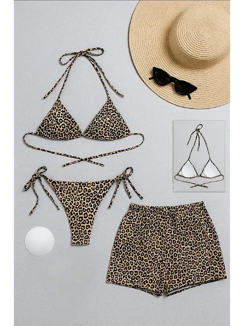 Kadın 3'lü Set Leopar Desenli Şortlu Ve Yandan Bağlamalı Bikini Mayo Takımı – Modern, Konforlu Ve Günlük Kombinlere Uygun