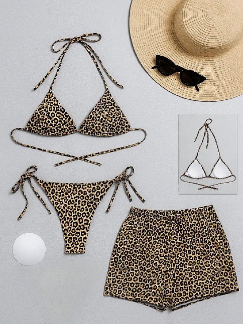 Kadın 3'lü Set Leopar Desenli Şortlu Ve Yandan Bağlamalı Bikini Mayo Takımı – Modern, Konforlu Ve Günlük Kombinlere Uygun