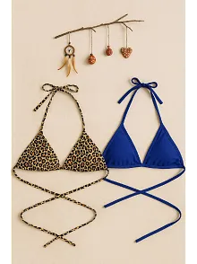 Kadın Leopar Desenli Ve Mavi Minimal Kesim Üçgen Bikini Üstü – Modern Ve Şık Tasarım