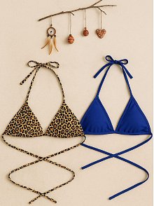 Kadın Leopar Desenli Ve Mavi Minimal Kesim Üçgen Bikini Üstü – Modern Ve Şık Tasarım