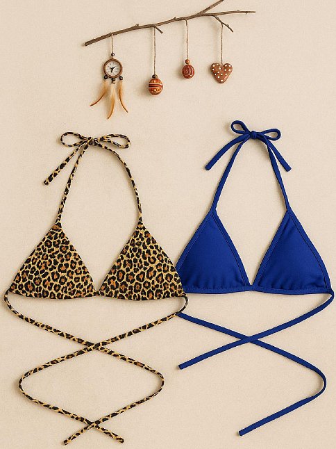 Kadın Leopar Desenli Ve Mavi Minimal Kesim Üçgen Bikini Üstü – Modern Ve Şık Tasarım