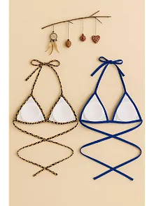 Kadın Leopar Desenli Ve Mavi Minimal Kesim Üçgen Bikini Üstü – Modern Ve Şık Tasarım
