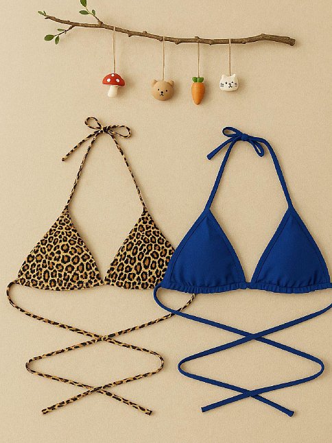 Kadın Leopar Desenli Ve Mavi Minimal Kesim Üçgen Bikini Üstü – Modern Ve Şık Tasarım