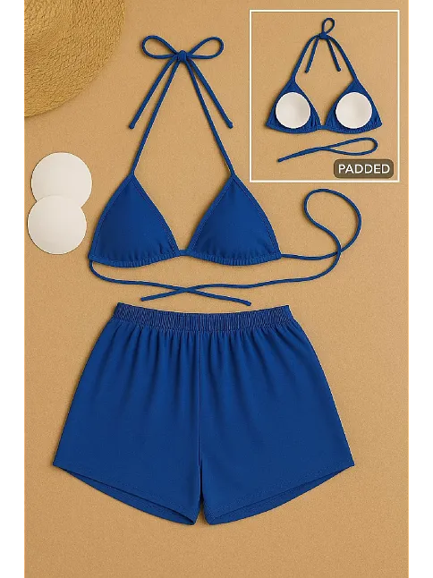Kadın Mavi Şortlu Belden Ve Boyundan Bağlamalı Bikini Takımı – Modern, Konforlu Ve Günlük Kombinlere Uygun