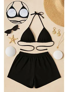 Kadın Siyah Şortlu Belden Ve Boyundan Bağlamalı Bikini Takımı – Modern, Konforlu Ve Günlük Kombinlere Uygun