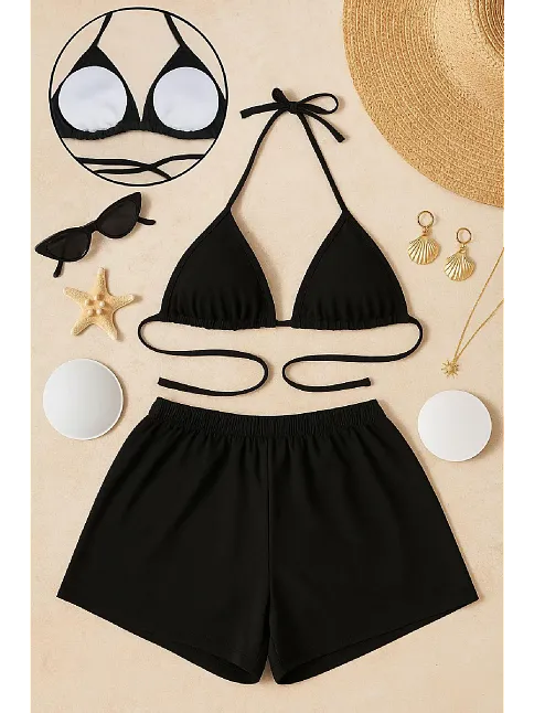 Kadın Siyah Şortlu Belden Ve Boyundan Bağlamalı Bikini Takımı – Modern, Konforlu Ve Günlük Kombinlere Uygun