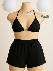 Kadın Siyah Şortlu Belden Ve Boyundan Bağlamalı Bikini Takımı – Modern, Konforlu Ve Günlük Kombinlere Uygun