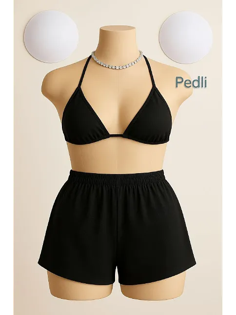 Kadın Siyah Şortlu Belden Ve Boyundan Bağlamalı Bikini Takımı – Modern, Konforlu Ve Günlük Kombinlere Uygun