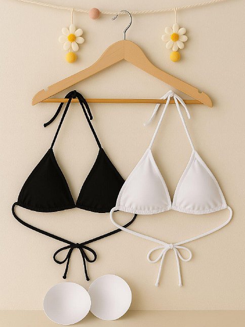 Kadın Siyah Ve Beyaz Minimal Kesim Üçgen Bikini Üstü – Modern Ve Şık Tasarım