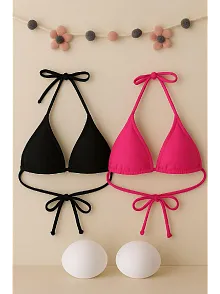 Kadın Siyah Ve Fuşya Minimal Kesim Üçgen Bikini Üstü – Modern Ve Şık Tasarım