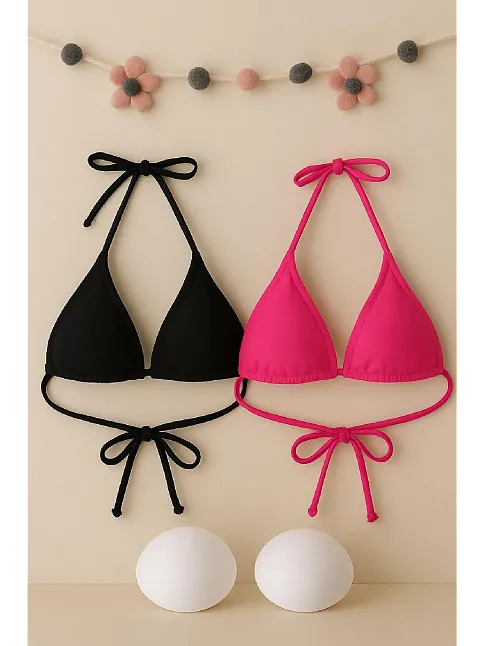 Kadın Siyah Ve Fuşya Minimal Kesim Üçgen Bikini Üstü – Modern Ve Şık Tasarım