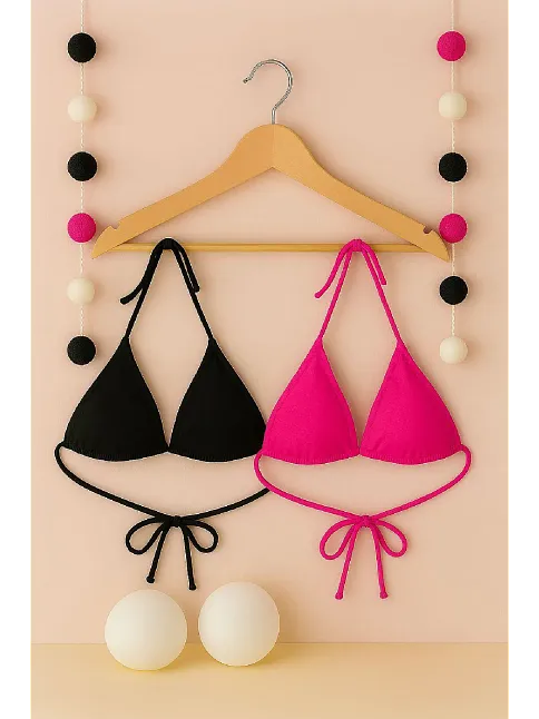 Kadın Siyah Ve Fuşya Minimal Kesim Üçgen Bikini Üstü – Modern Ve Şık Tasarım