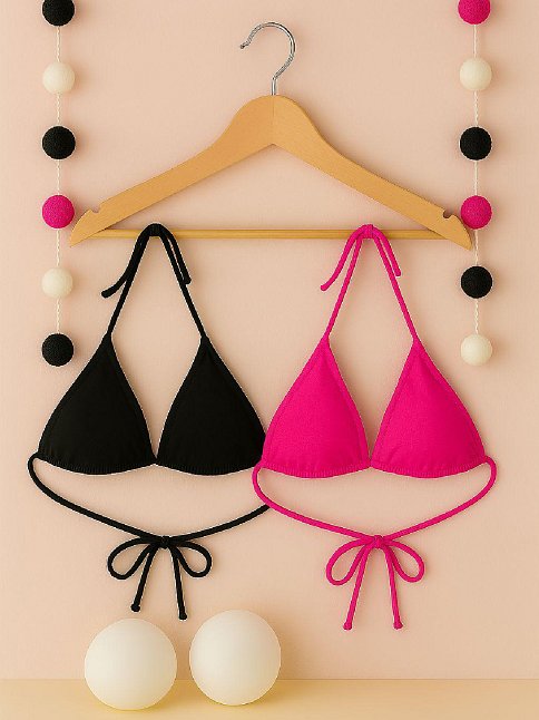 Kadın Siyah Ve Fuşya Minimal Kesim Üçgen Bikini Üstü – Modern Ve Şık Tasarım