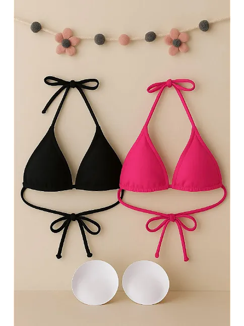 Kadın Siyah Ve Fuşya Minimal Kesim Üçgen Bikini Üstü – Modern Ve Şık Tasarım
