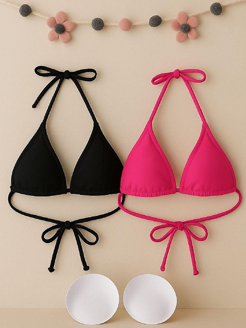 Kadın Siyah Ve Fuşya Minimal Kesim Üçgen Bikini Üstü – Modern Ve Şık Tasarım