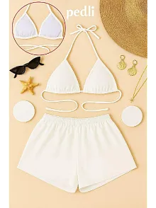 Kadın Beyaz Şortlu Belden Ve Boyundan Bağlamalı Bikini Takımı – Modern, Konforlu Ve Günlük Kombinlere Uygun