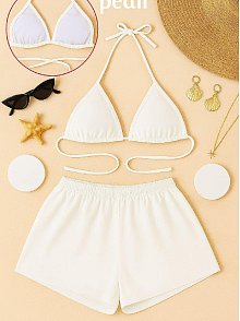Kadın Beyaz Şortlu Belden Ve Boyundan Bağlamalı Bikini Takımı – Modern, Konforlu Ve Günlük Kombinlere Uygun